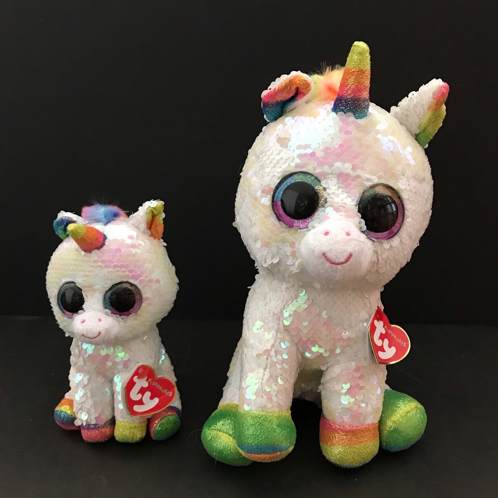 A pair of Ty Beanie Boos Pixy Unicorn Flippables 6 & 13 inches NWT